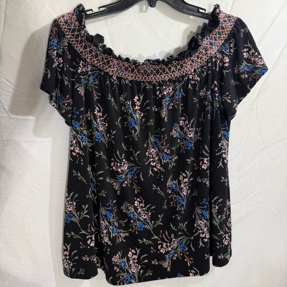 CeCe Black Floral Off the Shoulder Blouse with Pink and Blue Accents Size M